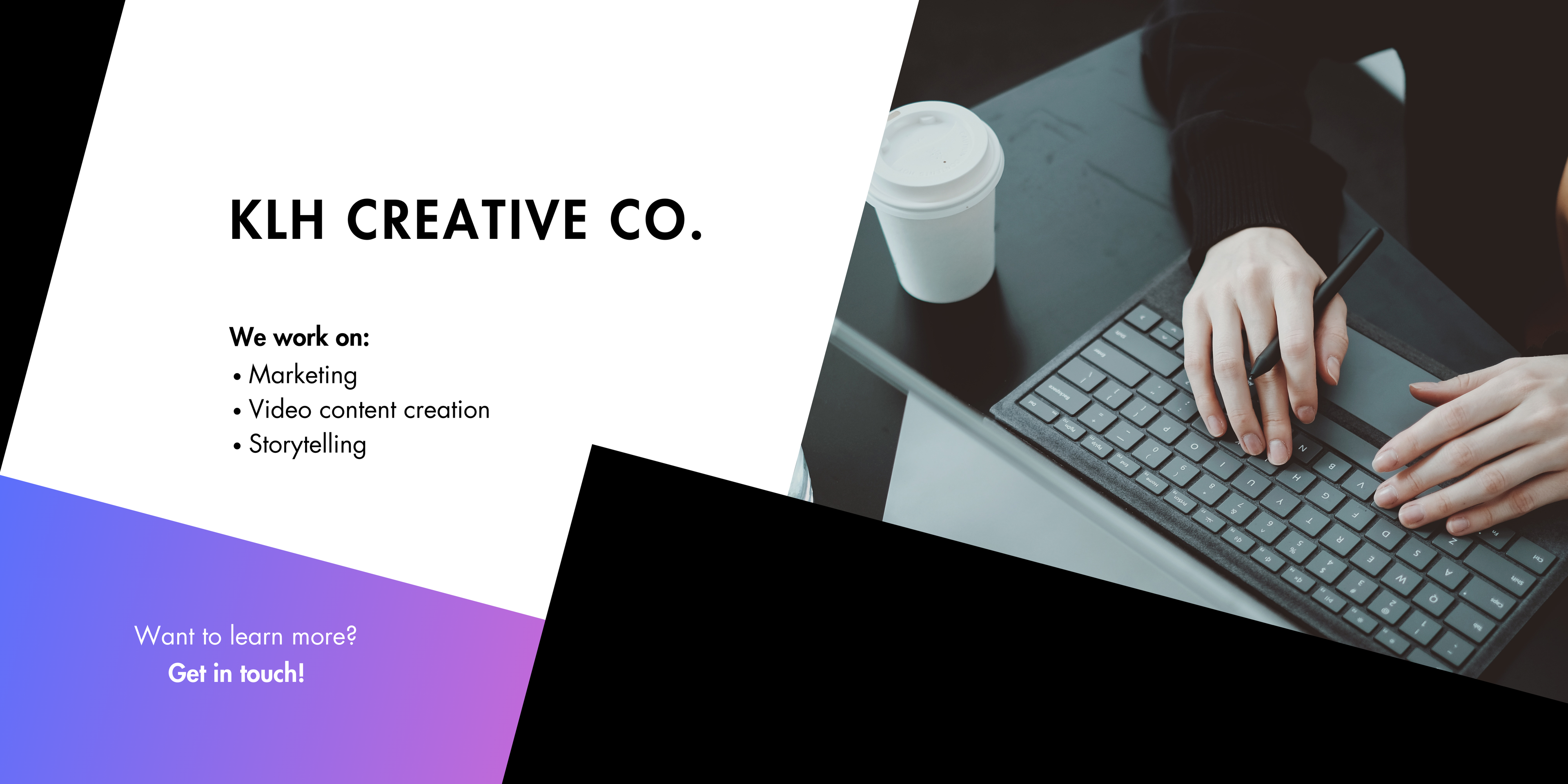 Promotional graphic for KLH Creative Co. with a person working on a laptop.